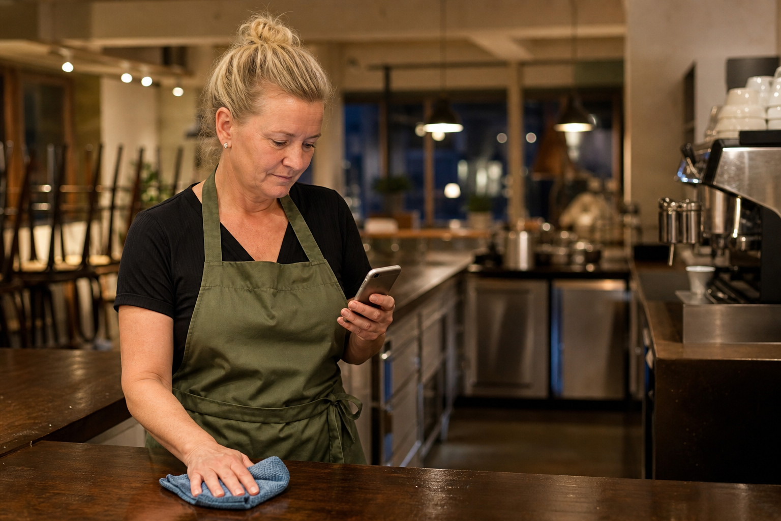 Rengøringsvirksomhed i caféen efter lukketid